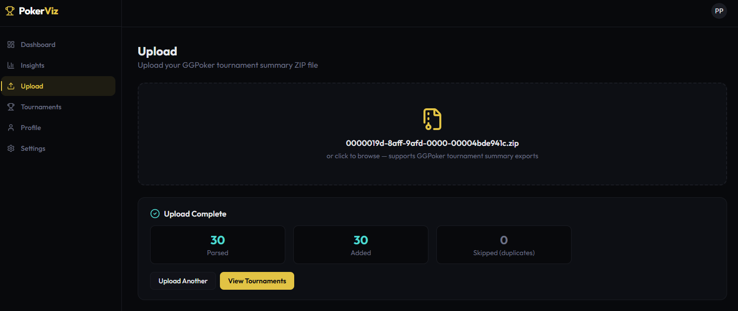 PokerViz Upload — 30 tournaments parsed and added